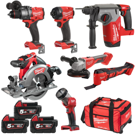 Set 7 scule cu 3 acumulatori Milwaukee M18 FPP7B-503B